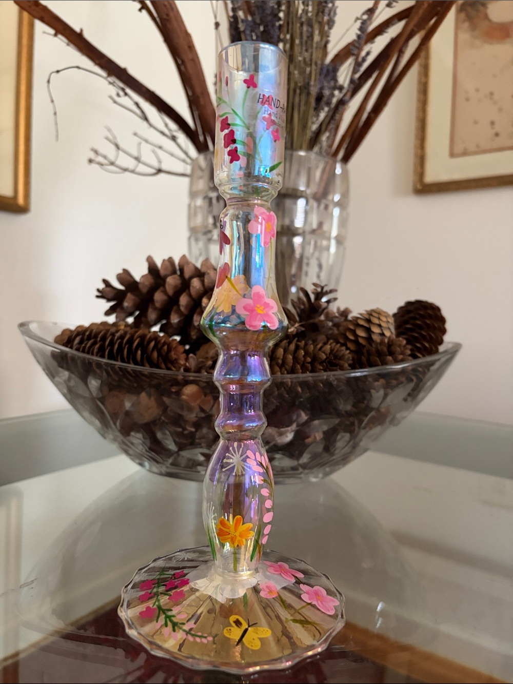 Hand-Painted Floral Glass Taper Candlestick 9.5” tall